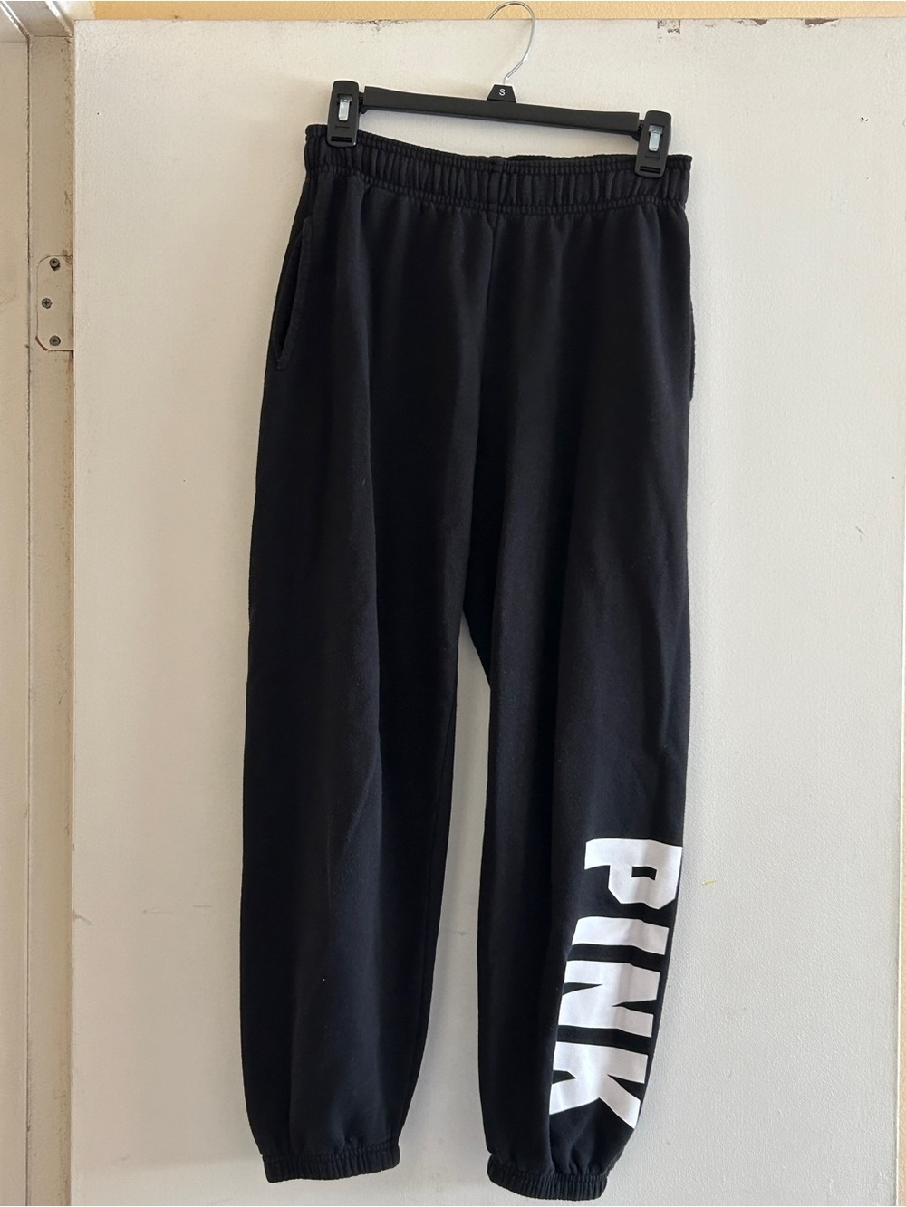 PINK Victoria's Secret Black Joggers with White Logo Print